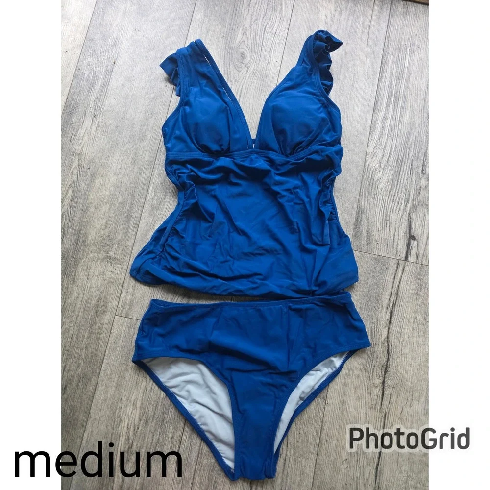 CUPSHE Blue Tankini Sets Two Piece‎ Swimsuit V Neck Ruffled Ruched Size Medium